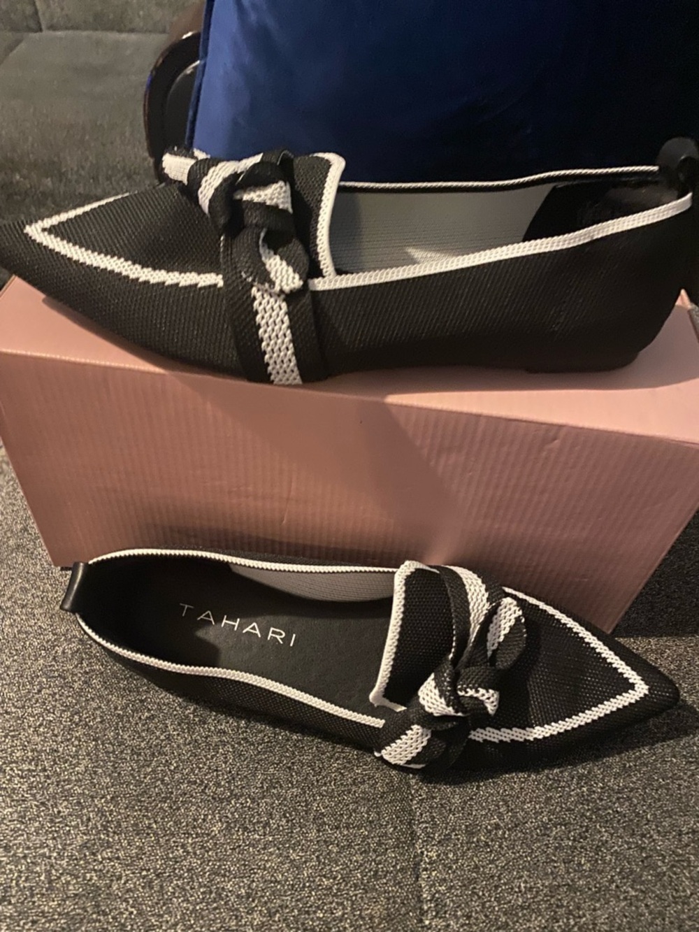 Tahari Black and White Pointed Knit Bow Loafers